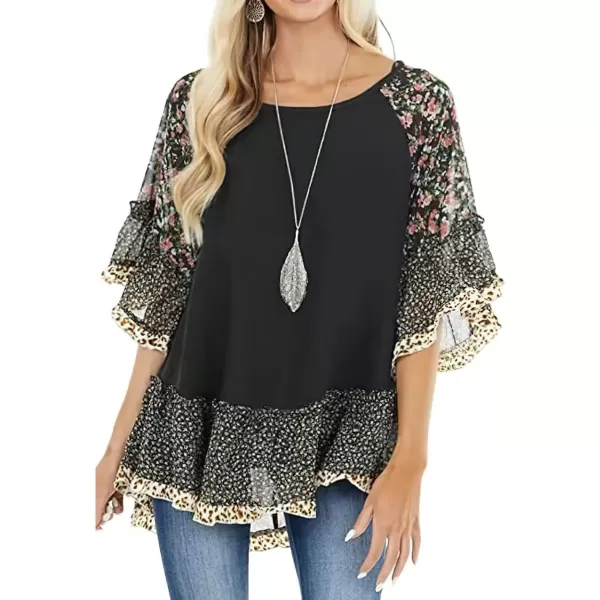CHARTOU Women Summer Casual 3/4 Bell Sleeve Floral Print Blouse Shirt Flowy Tunic Top