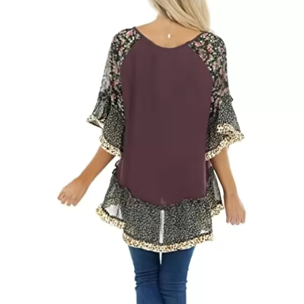 CHARTOU Women Summer Casual 3/4 Bell Sleeve Floral Print Blouse Shirt Flowy Tunic Top