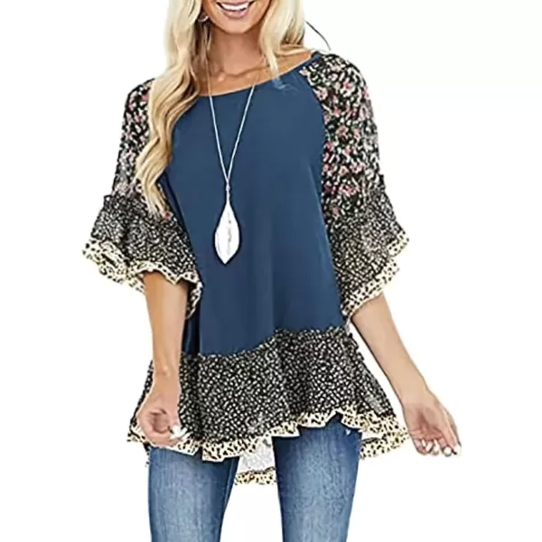 CHARTOU Women Summer Casual 3/4 Bell Sleeve Floral Print Blouse Shirt Flowy Tunic Top