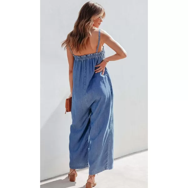 CHARTOU Women Summer Denim Jumpsuit Wide Leg Overall Spaghetti Strap Sleeveless Jean Jumpsuit Long Romper with Pocket