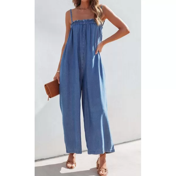CHARTOU Women Summer Denim Jumpsuit Wide Leg Overall Spaghetti Strap Sleeveless Jean Jumpsuit Long Romper with Pocket