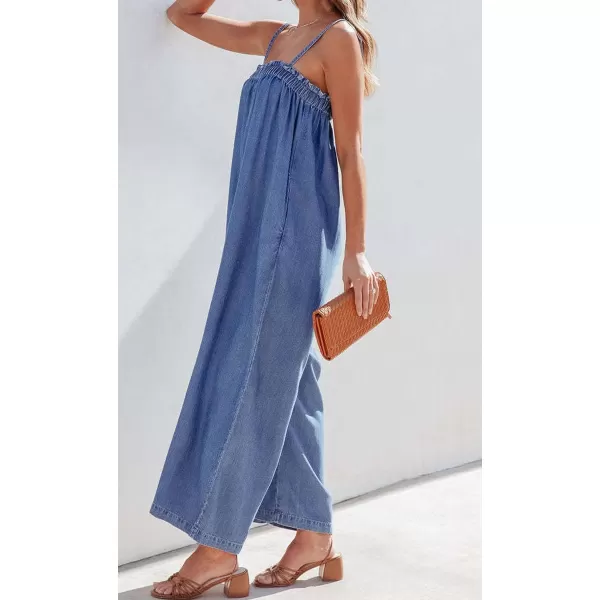 CHARTOU Women Summer Denim Jumpsuit Wide Leg Overall Spaghetti Strap Sleeveless Jean Jumpsuit Long Romper with Pocket