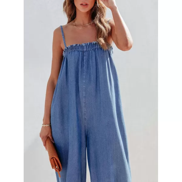 CHARTOU Women Summer Denim Jumpsuit Wide Leg Overall Spaghetti Strap Sleeveless Jean Jumpsuit Long Romper with Pocket