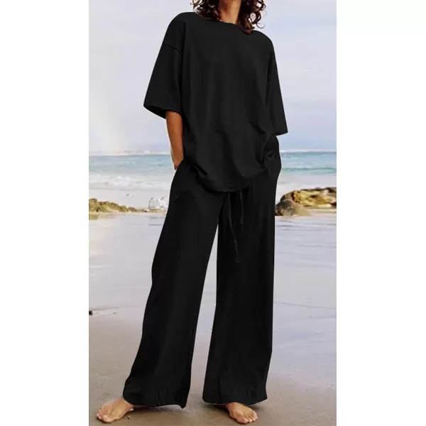 CHARTOU Women Summer Two Piece Outfits Loose Short Sleeve T Shirt Tees Elastic Waist Wide Leg Long Pants Set