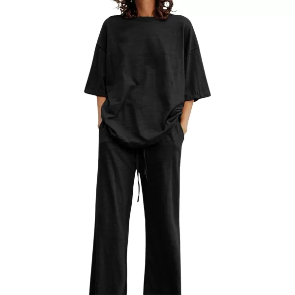 CHARTOU Women Summer Two Piece Outfits Loose Short Sleeve T Shirt Tees Elastic Waist Wide Leg Long Pants Set