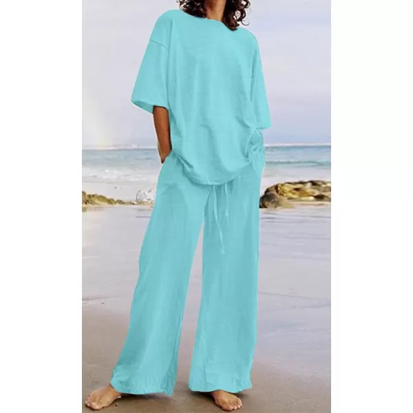 CHARTOU Women Summer Two Piece Outfits Loose Short Sleeve T Shirt Tees Elastic Waist Wide Leg Long Pants Set