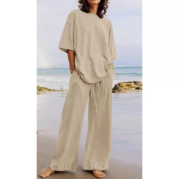 CHARTOU Women Summer Two Piece Outfits Loose Short Sleeve T Shirt Tees Elastic Waist Wide Leg Long Pants Set