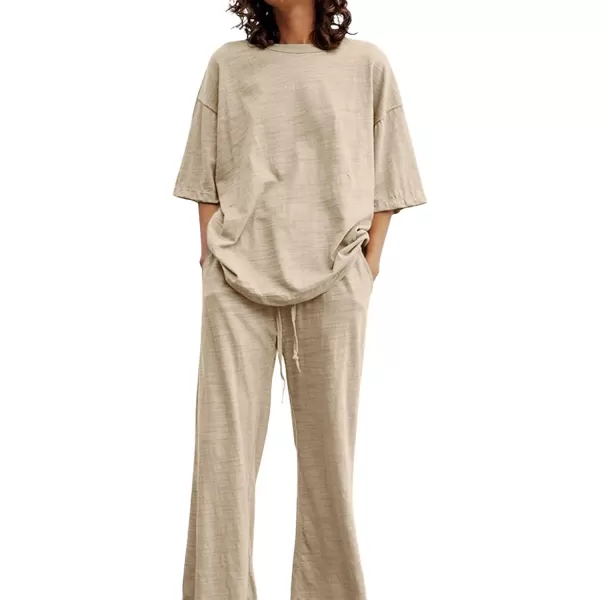 CHARTOU Women Summer Two Piece Outfits Loose Short Sleeve T Shirt Tees Elastic Waist Wide Leg Long Pants Set