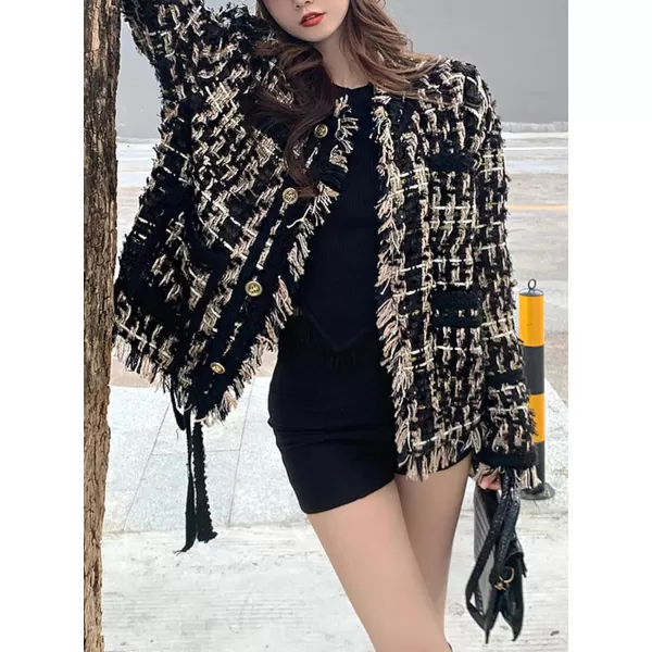 CHARTOU Women Tweed Blazer Cable Knit Casual Button Down Fringe Suit Jacket Long Sleeve Jacket Overcoat