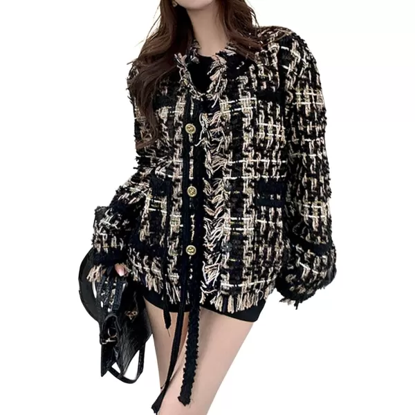 CHARTOU Women Tweed Blazer Cable Knit Casual Button Down Fringe Suit Jacket Long Sleeve Jacket Overcoat