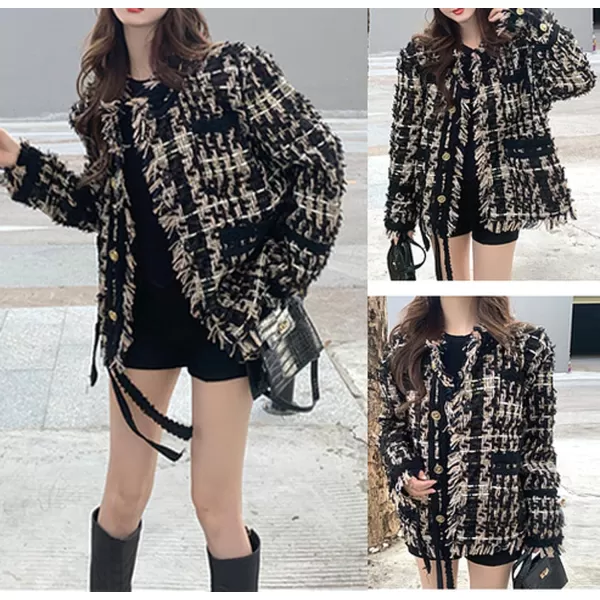 CHARTOU Women Tweed Blazer Cable Knit Casual Button Down Fringe Suit Jacket Long Sleeve Jacket Overcoat