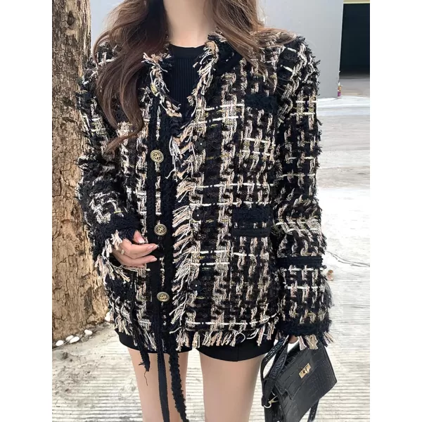 CHARTOU Women Tweed Blazer Cable Knit Casual Button Down Fringe Suit Jacket Long Sleeve Jacket Overcoat