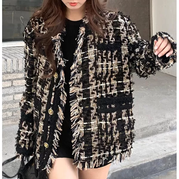 CHARTOU Women Tweed Blazer Cable Knit Casual Button Down Fringe Suit Jacket Long Sleeve Jacket Overcoat