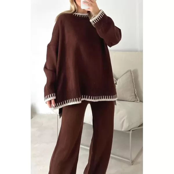 CHARTOU Women Two Piece Knit Sweater Set Embroidery Wide Leg Sweatpants Loungewear Set 2 Piece Knit Winter Outfit