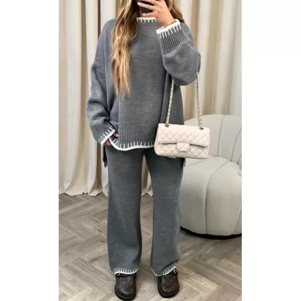 CHARTOU Women Two Piece Knit Sweater Set Embroidery Wide Leg Sweatpants Loungewear Set 2 Piece Knit Winter Outfit