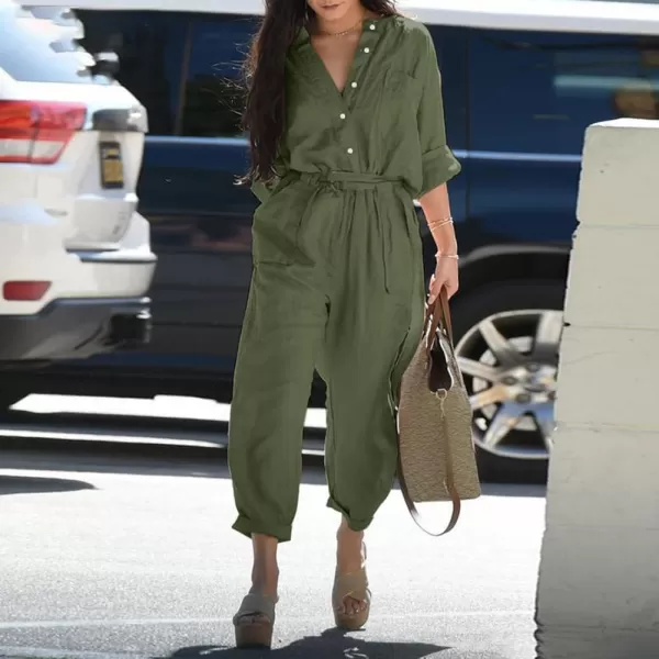 CHARTOU Women's Casual Cotton Linen Button Down V-Neck Belted Work Jumpsuits Rompers