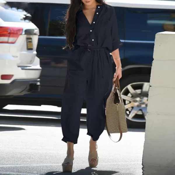 CHARTOU Women's Casual Cotton Linen Button Down V-Neck Belted Work Jumpsuits Rompers