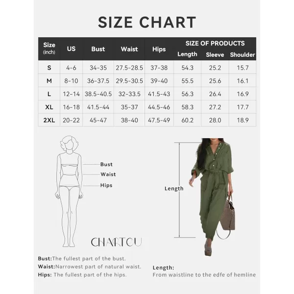 CHARTOU Women's Casual Cotton Linen Button Down V-Neck Belted Work Jumpsuits Rompers