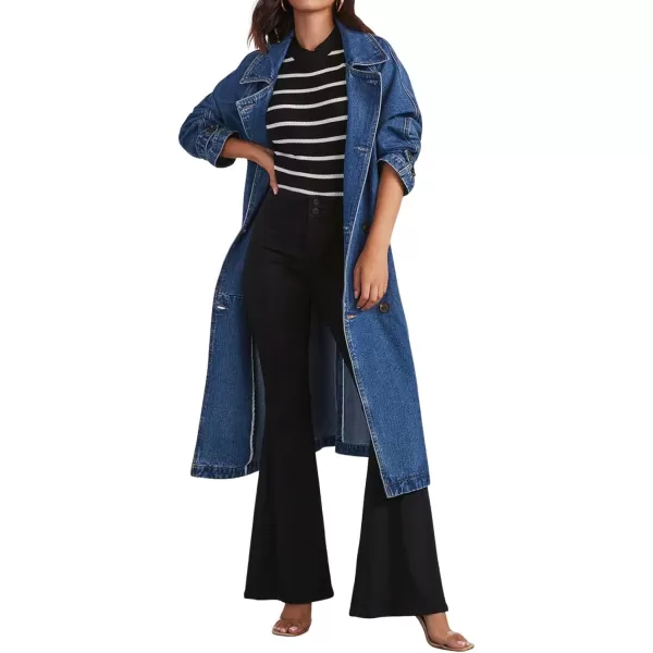 CHARTOU Women's Casual Double Breasted Long Denim Trench Coat Jean Jacket Trenchcoat with Belt Duster Coat