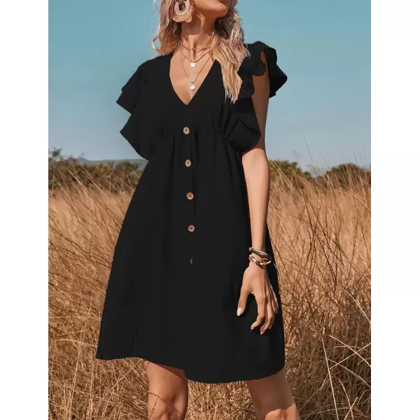 CHARTOU Women's Casual Plunging V Neck Flutter Sleeve Button Front A-Line Mini Babydoll T-Shirt Dress