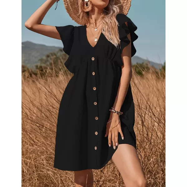 CHARTOU Women's Casual Plunging V Neck Flutter Sleeve Button Front A-Line Mini Babydoll T-Shirt Dress
