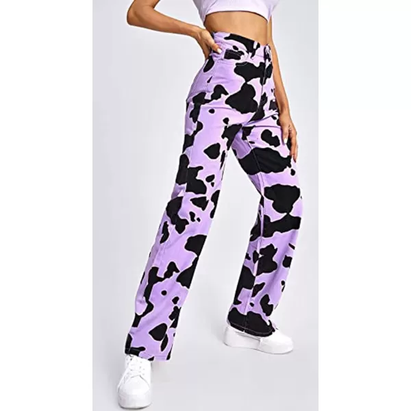 CHARTOU Women's Chic High Rise Straight Leg Bootcut Cow Print Denim Pants Jeans
