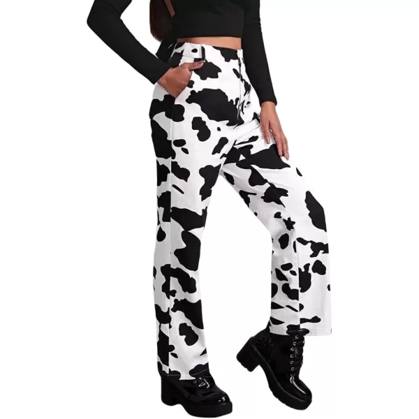 CHARTOU Women's Chic High Rise Straight Leg Bootcut Cow Print Denim Pants Jeans