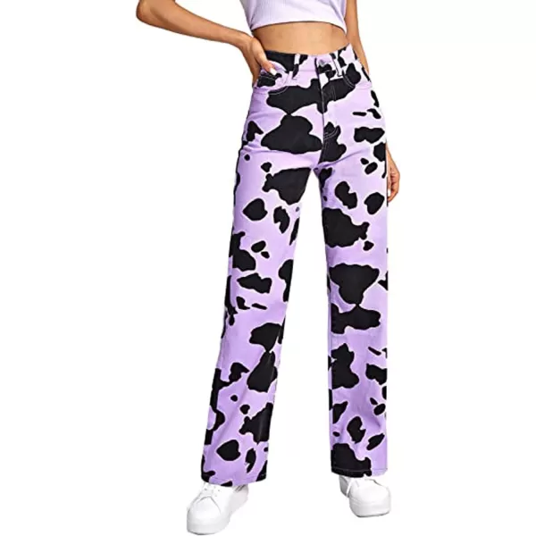 CHARTOU Women's Chic High Rise Straight Leg Bootcut Cow Print Denim Pants Jeans