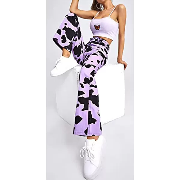 CHARTOU Women's Chic High Rise Straight Leg Bootcut Cow Print Denim Pants Jeans