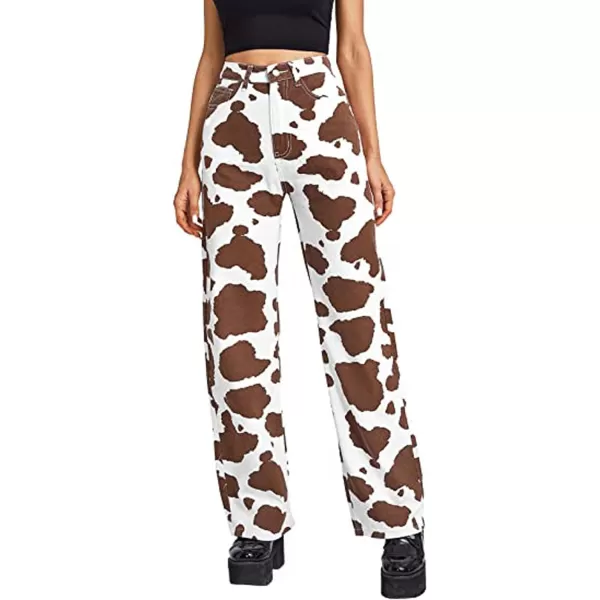 CHARTOU Women's Chic High Rise Straight Leg Bootcut Cow Print Denim Pants Jeans