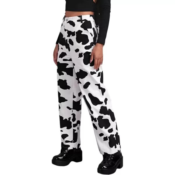 CHARTOU Women's Chic High Rise Straight Leg Bootcut Cow Print Denim Pants Jeans