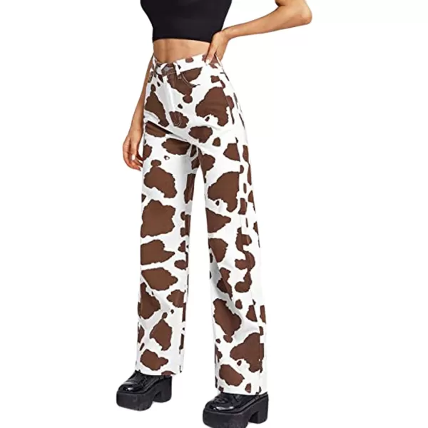 CHARTOU Women's Chic High Rise Straight Leg Bootcut Cow Print Denim Pants Jeans