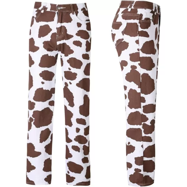 CHARTOU Women's Chic High Rise Straight Leg Bootcut Cow Print Denim Pants Jeans