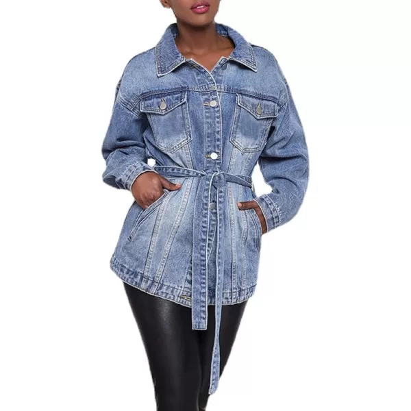 CHARTOU Women's Chic Lapel Collar Belted Button Down Washed Midi Denim Jacket Tops