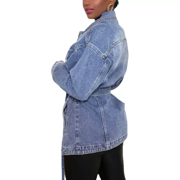 CHARTOU Women's Chic Lapel Collar Belted Button Down Washed Midi Denim Jacket Tops