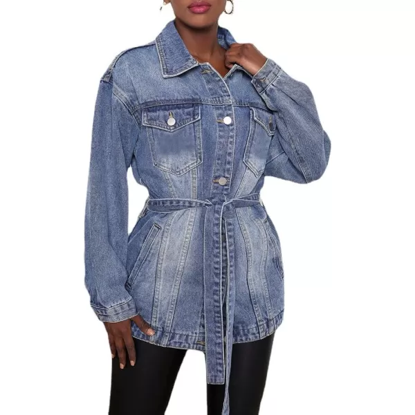 CHARTOU Women's Chic Lapel Collar Belted Button Down Washed Midi Denim Jacket Tops