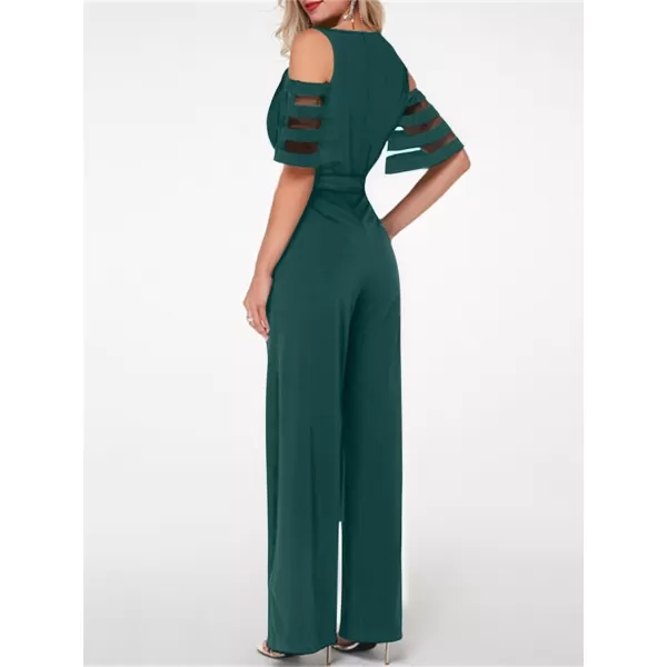 CHARTOU Women's Chiffon Wrap V Neck Summer Jumpsuit Mesh Cutout Wide Leg Pants Romper