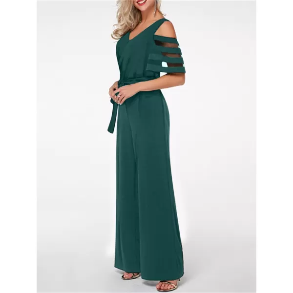 CHARTOU Women's Chiffon Wrap V Neck Summer Jumpsuit Mesh Cutout Wide Leg Pants Romper