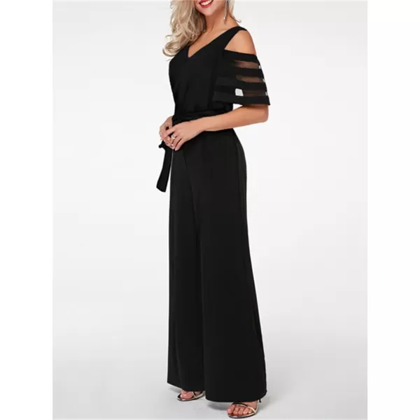 CHARTOU Women's Chiffon Wrap V Neck Summer Jumpsuit Mesh Cutout Wide Leg Pants Romper