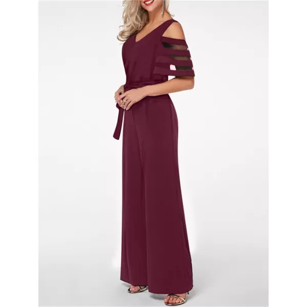 CHARTOU Women's Chiffon Wrap V Neck Summer Jumpsuit Mesh Cutout Wide Leg Pants Romper
