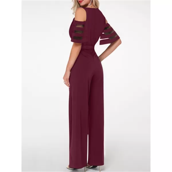 CHARTOU Women's Chiffon Wrap V Neck Summer Jumpsuit Mesh Cutout Wide Leg Pants Romper