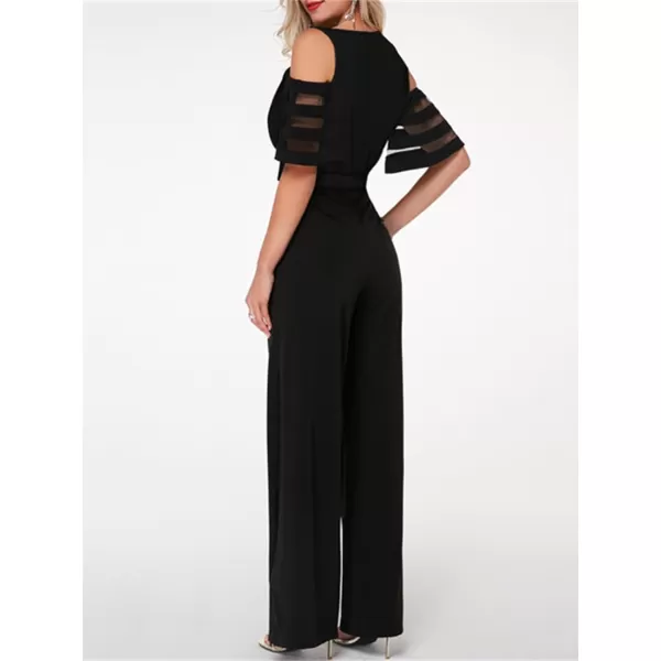 CHARTOU Women's Chiffon Wrap V Neck Summer Jumpsuit Mesh Cutout Wide Leg Pants Romper