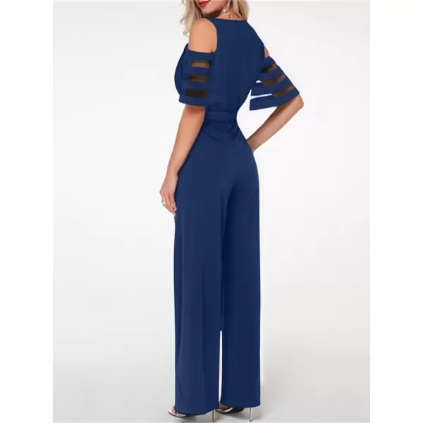 CHARTOU Women's Chiffon Wrap V Neck Summer Jumpsuit Mesh Cutout Wide Leg Pants Romper