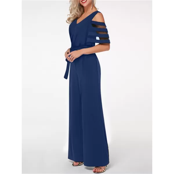 CHARTOU Women's Chiffon Wrap V Neck Summer Jumpsuit Mesh Cutout Wide Leg Pants Romper