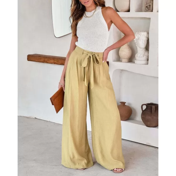 CHARTOU Women's Cotton Linen Loose Fit Palazzo Pants Casual High Waist Pleated Wide Leg Beach Pants with Pockets
