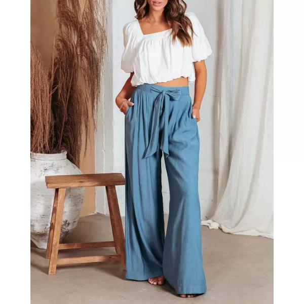 CHARTOU Women's Cotton Linen Loose Fit Palazzo Pants Casual High Waist Pleated Wide Leg Beach Pants with Pockets