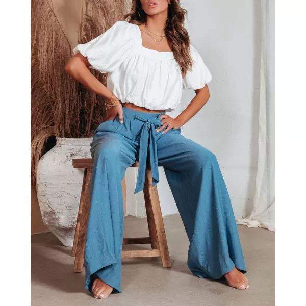 CHARTOU Women's Cotton Linen Loose Fit Palazzo Pants Casual High Waist Pleated Wide Leg Beach Pants with Pockets