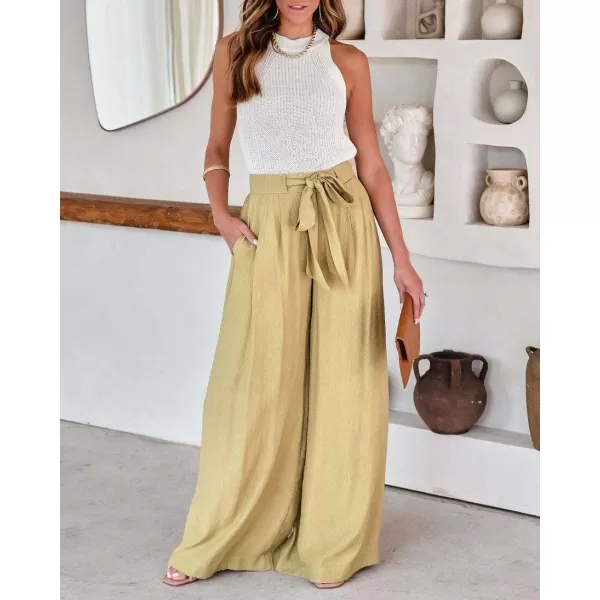 CHARTOU Women's Cotton Linen Loose Fit Palazzo Pants Casual High Waist Pleated Wide Leg Beach Pants with Pockets