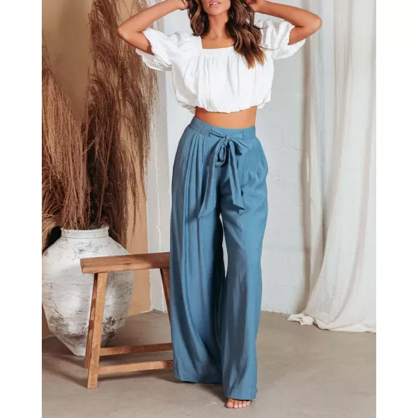 CHARTOU Women's Cotton Linen Loose Fit Palazzo Pants Casual High Waist Pleated Wide Leg Beach Pants with Pockets