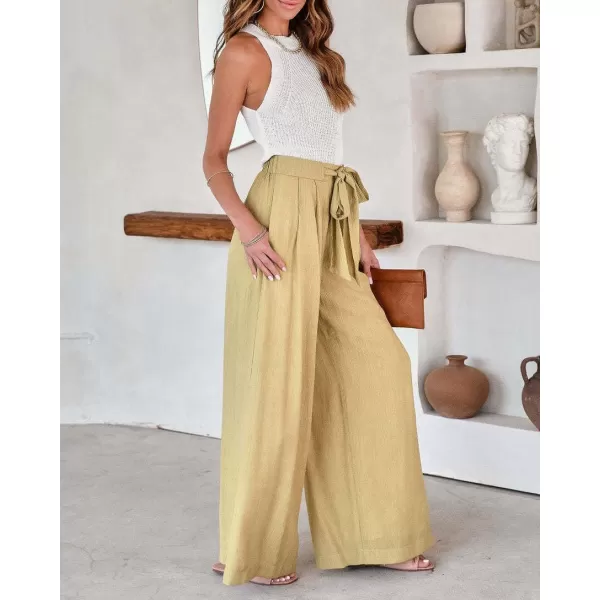 CHARTOU Women's Cotton Linen Loose Fit Palazzo Pants Casual High Waist Pleated Wide Leg Beach Pants with Pockets